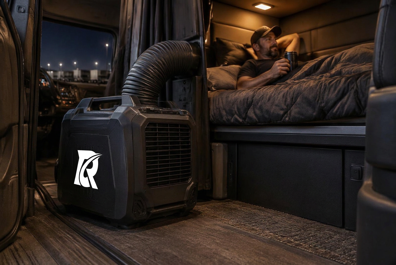 Cool Ride portable air conditioner cooling a truck sleeper cab at night