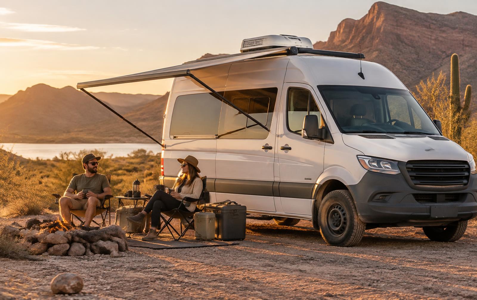 Camper van with a Cool Ride rooftop air conditioner at a desert campsite