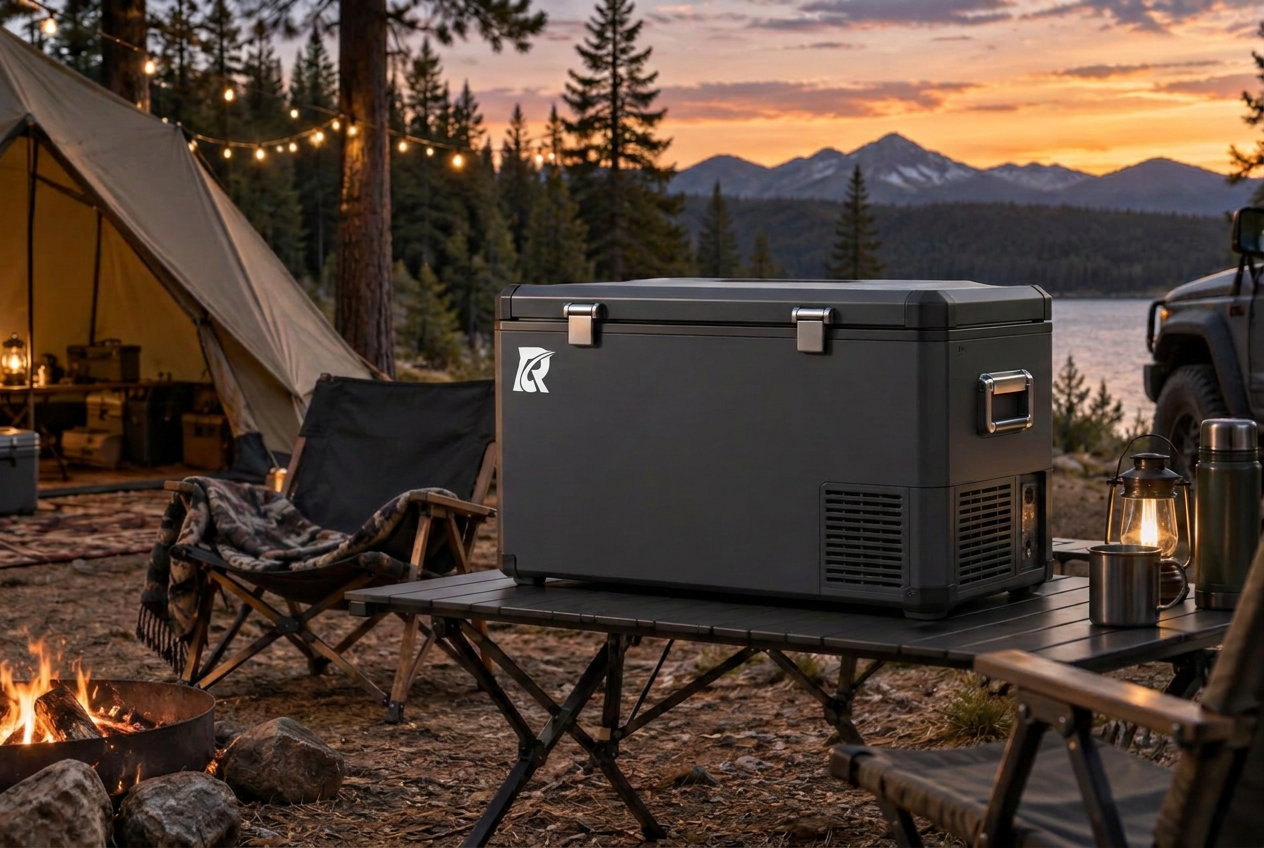 Cool Ride portable refrigerator at a campsite at dusk