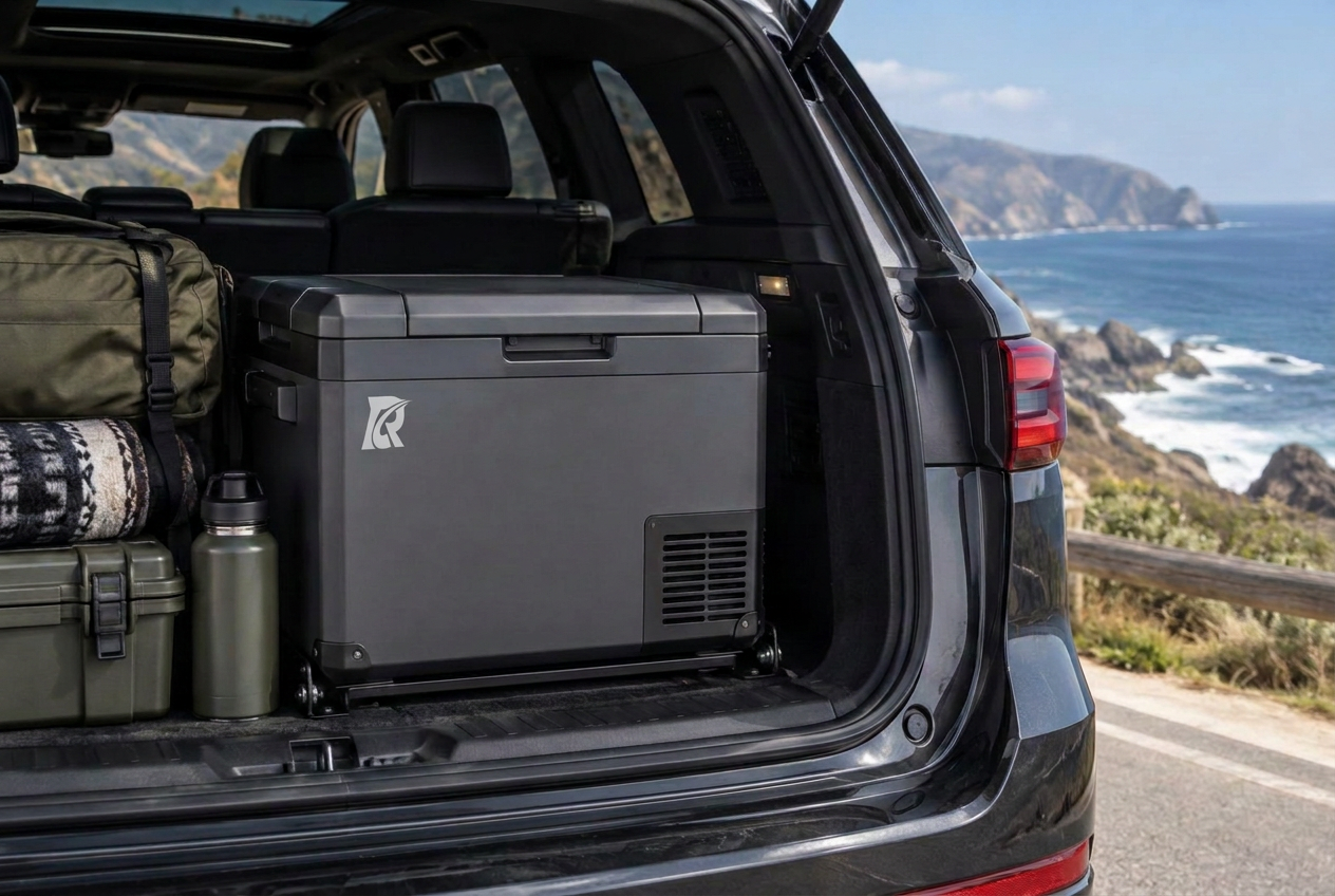Cool Ride refrigerator secured in the cargo area of an SUV